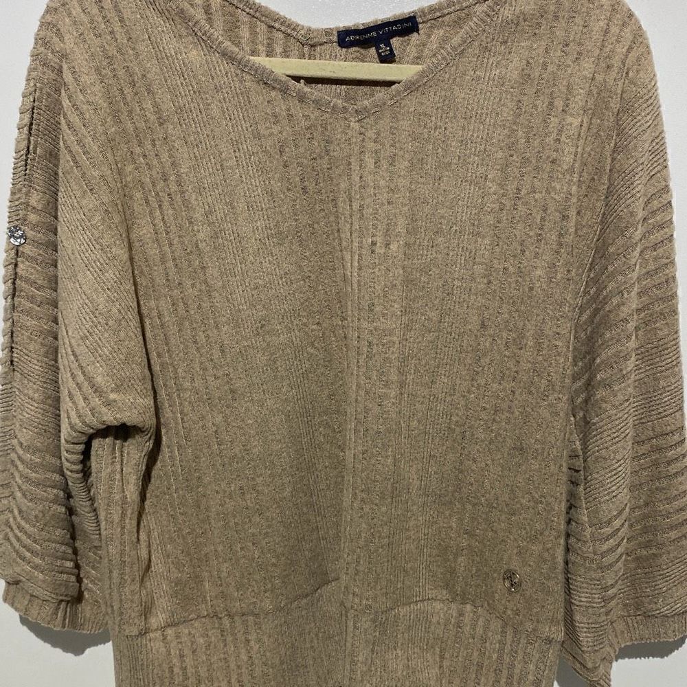 Adrienne Vittadini Women's Brown V Neck Knitted Pullover‎ Sweater Size XL